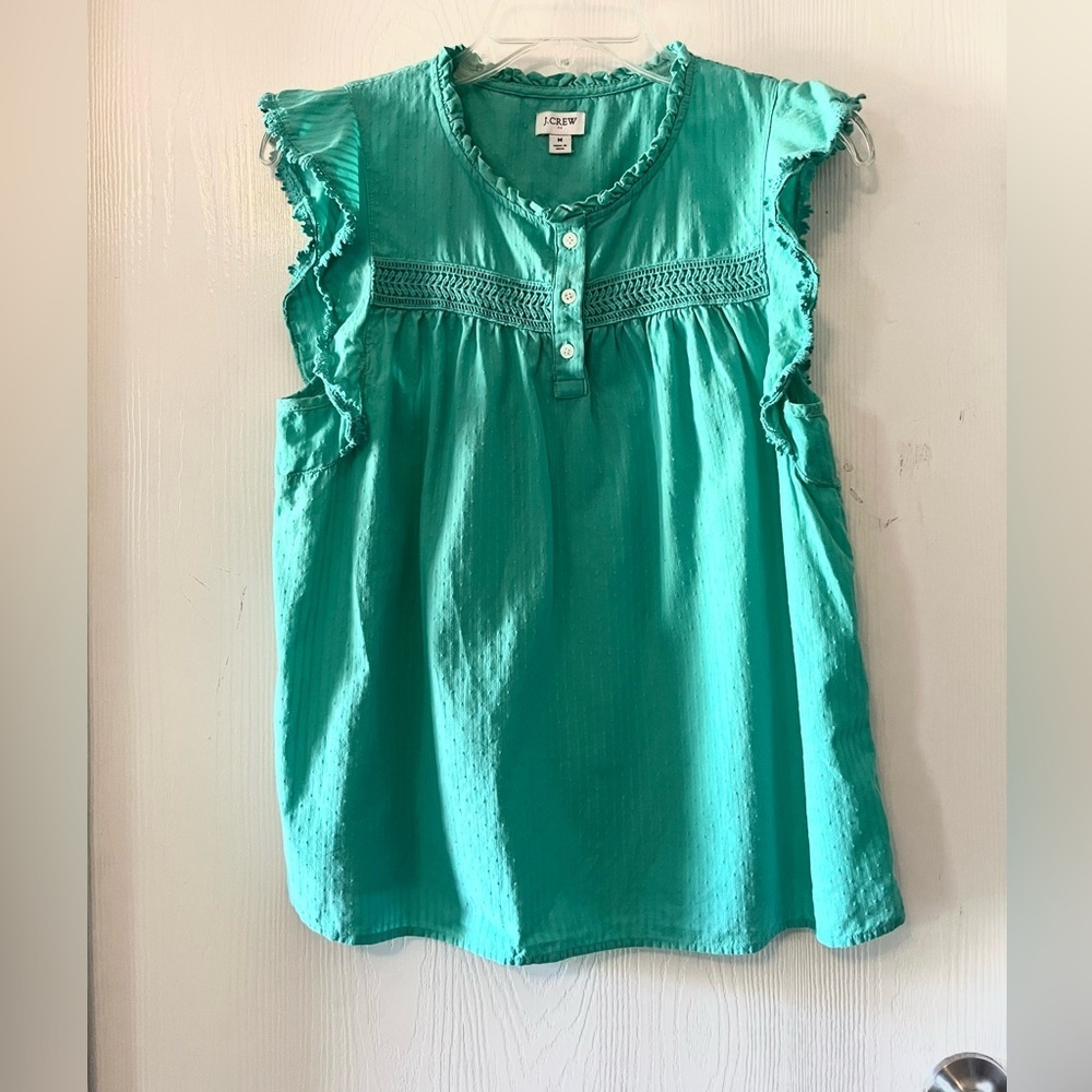 J. Crew Turquoise Ruffle Sleeve Blouse - Picture 2 of 8